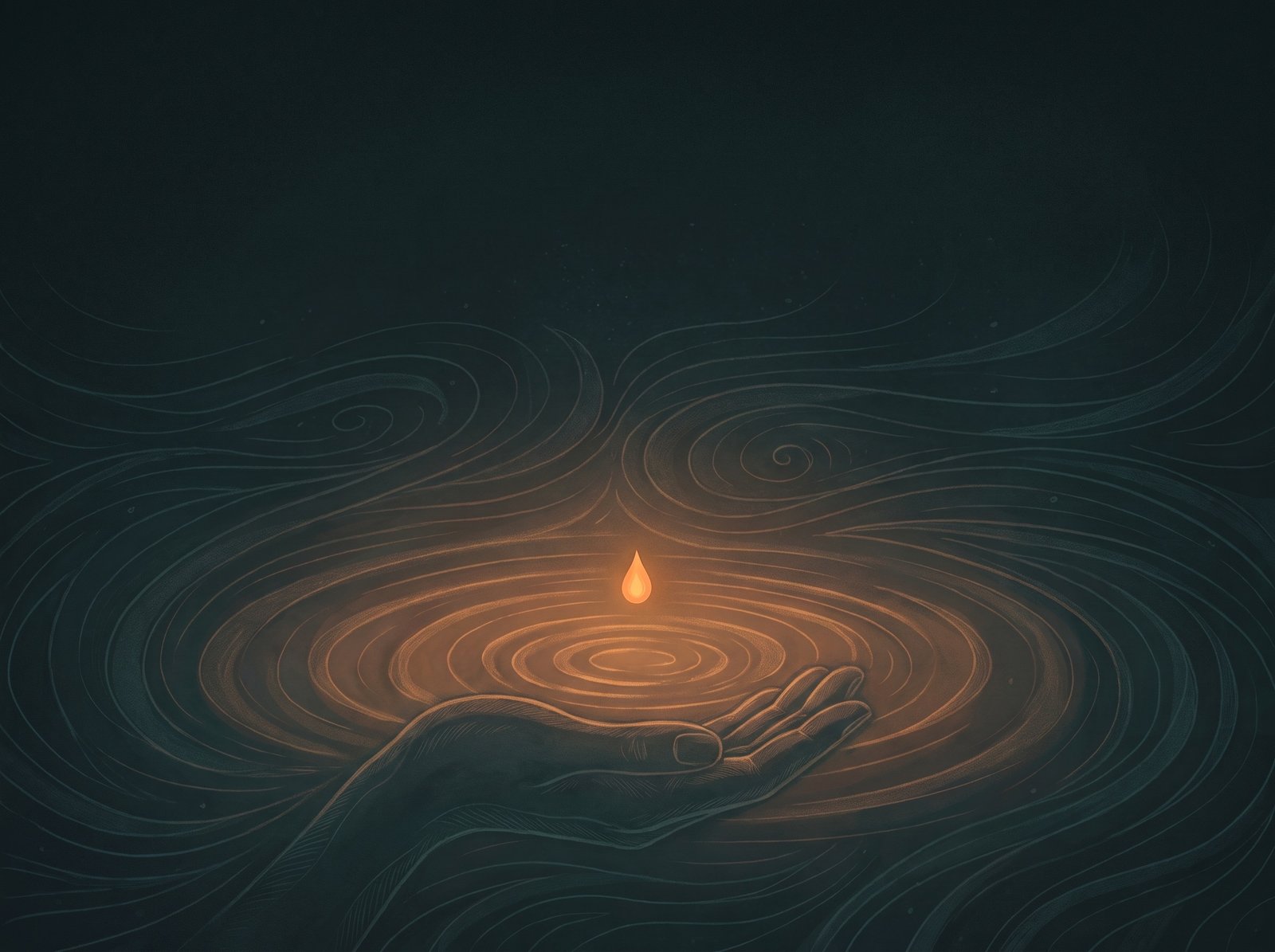An open hand with water ripples and a small ember of light