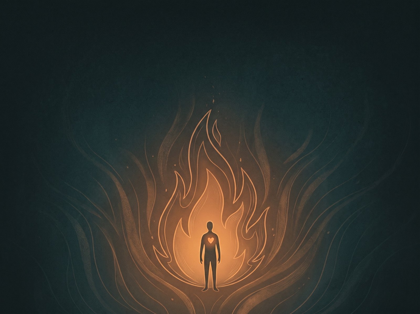 A small figure with a glowing heart inside a gentle flame