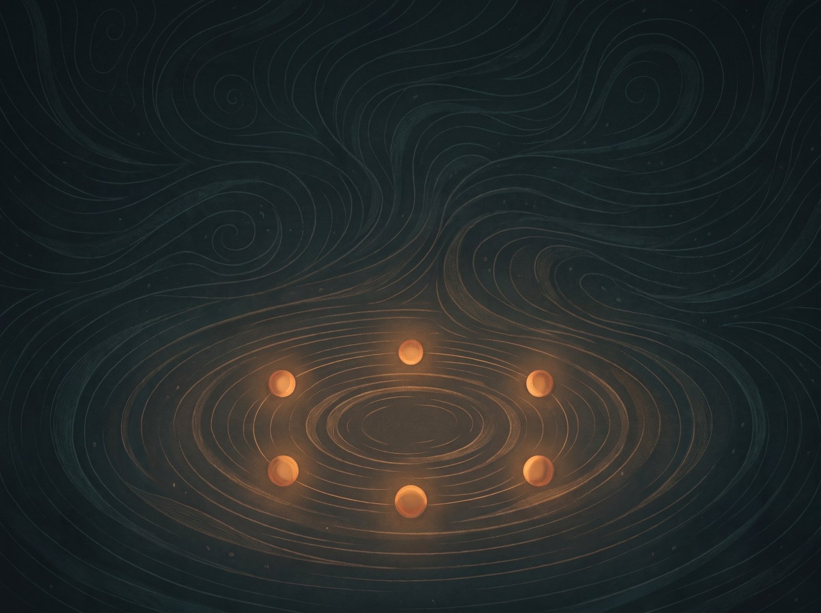 Warm ember orbs arranged in a circle — a council of equals