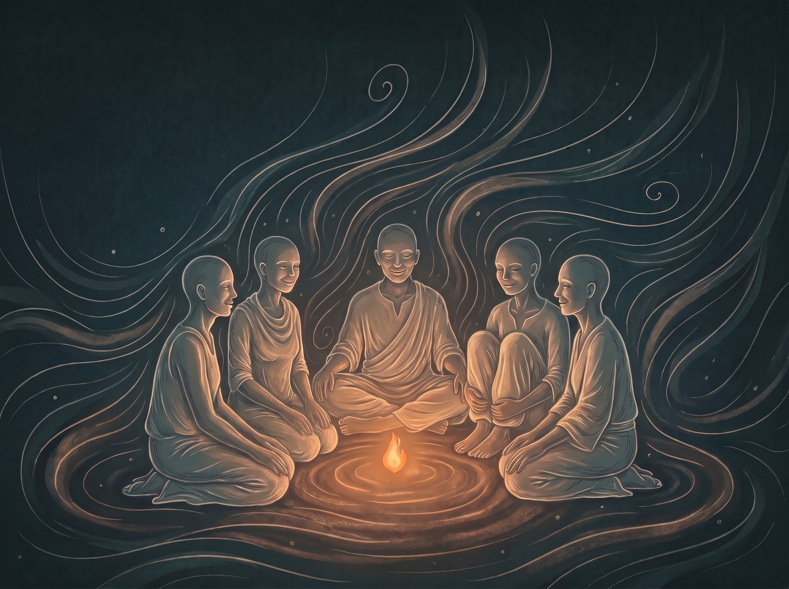 A circle of people seated together around a warm ember fire, gently smiling