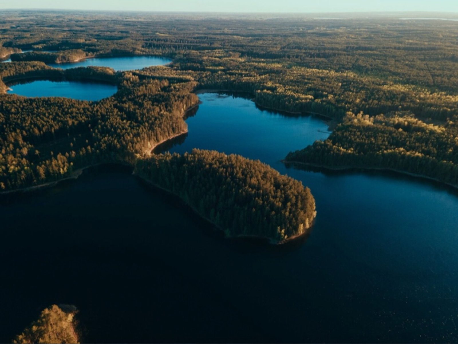 Aerial view of the Labanoras lakes and forests at golden hour